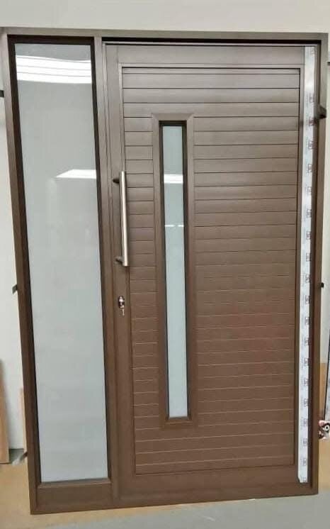 Brown aluminium panelled entrance door with glass sidelights